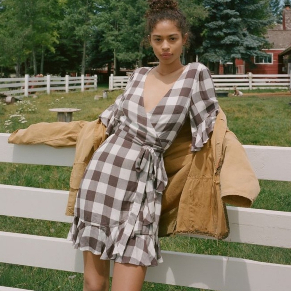 Urban Outfitters Frankie Buffalo Plaid Ruffled Wrap Dress Cottagecore Women's S - Picture 2 of 10